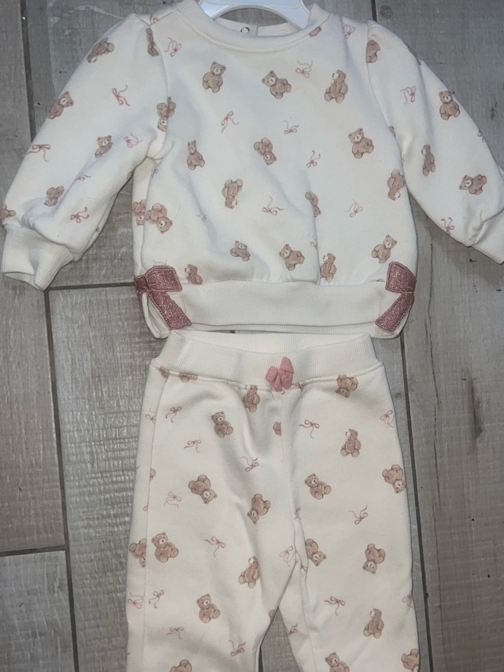 Cupcakes & Cashmere Baby Teddy Bear w pink Bow Sweatshirt & Pants Set [3-6M] new
